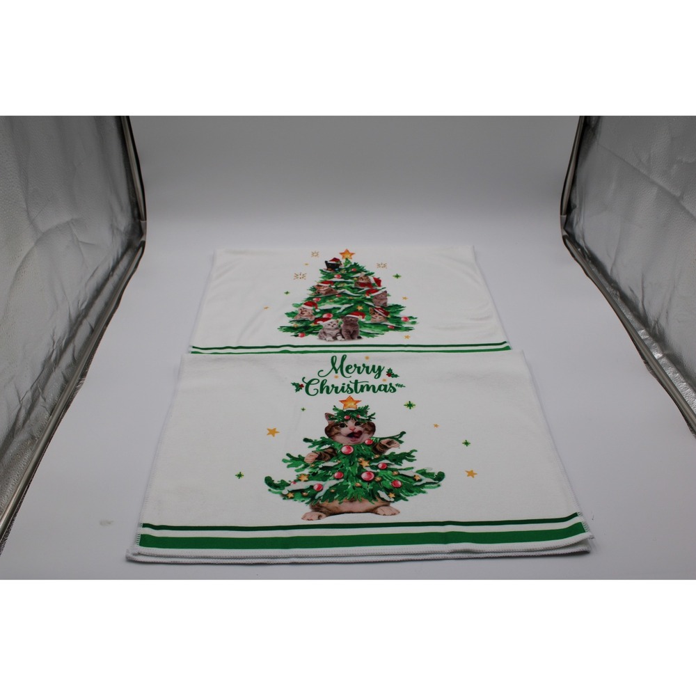 Unbranded Christmas Kitchen Towels White Green Cat Kitten Tree Holiday Set 2